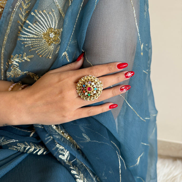 Traditional Lush Kundan Meena Ring