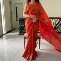 Bright Orange Tissue Saree