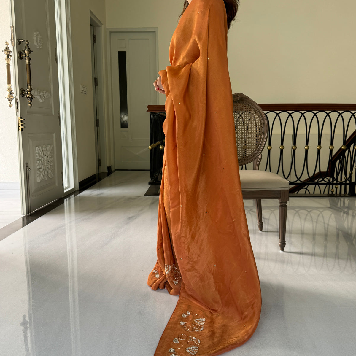 Rust Embroidered Tissue Saree