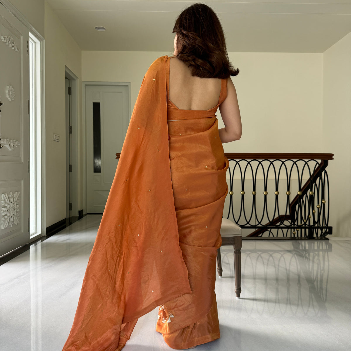 Rust Embroidered Tissue Saree