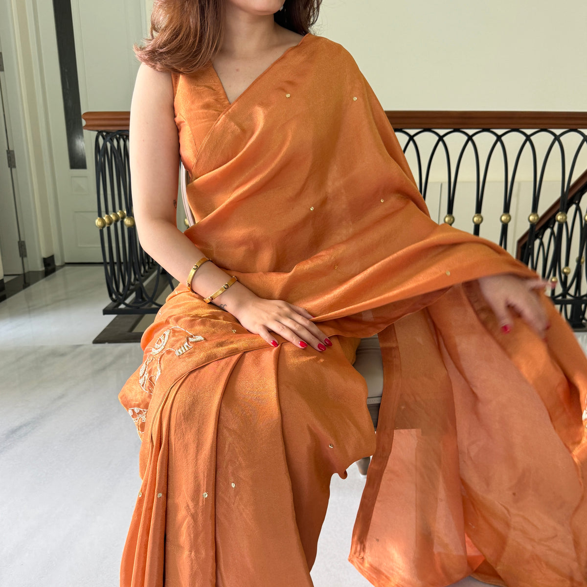 Rust Embroidered Tissue Saree