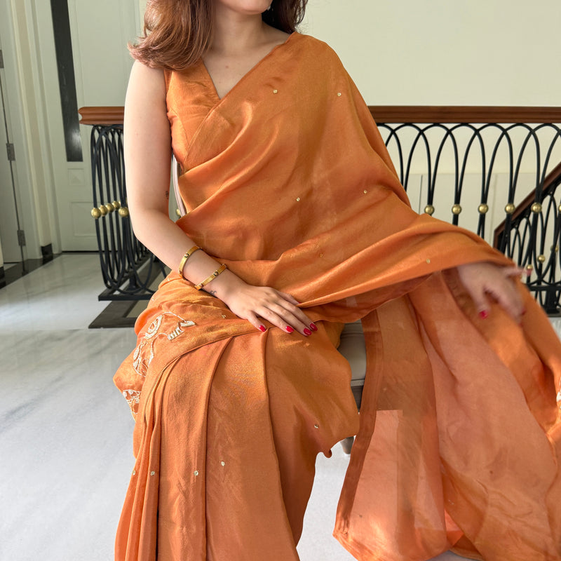 Rust Embroidered Tissue Saree