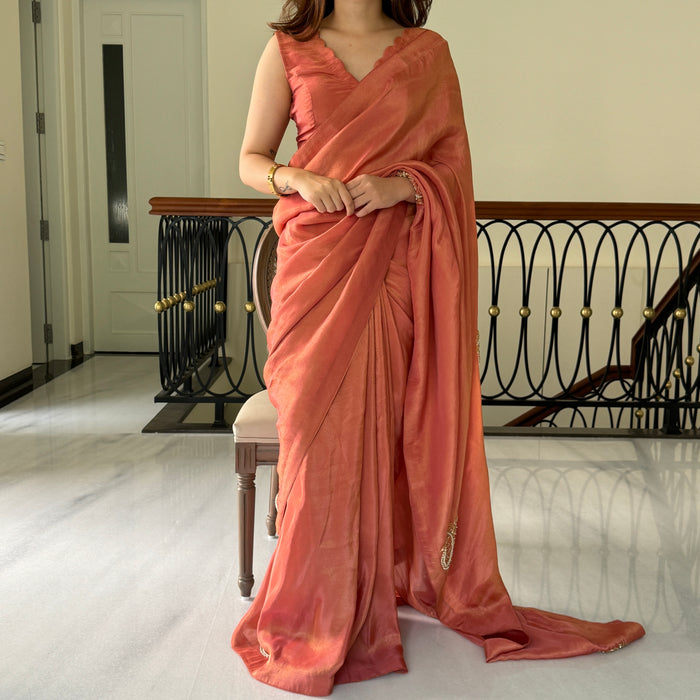 Orange Chandbali Embroidery Saree