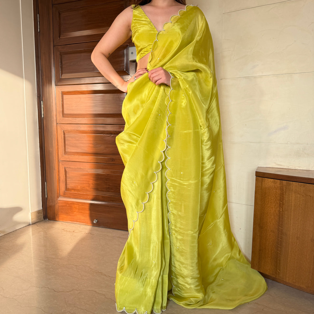 Lime Green Tissue Saree