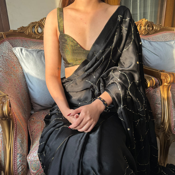 Black Habutai Silk Saree