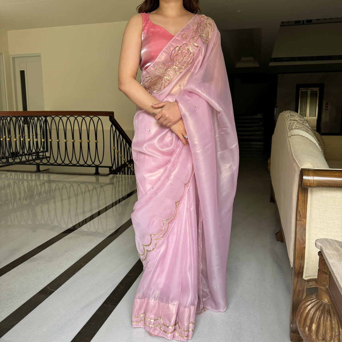 Rosy Pink Tissue Saree