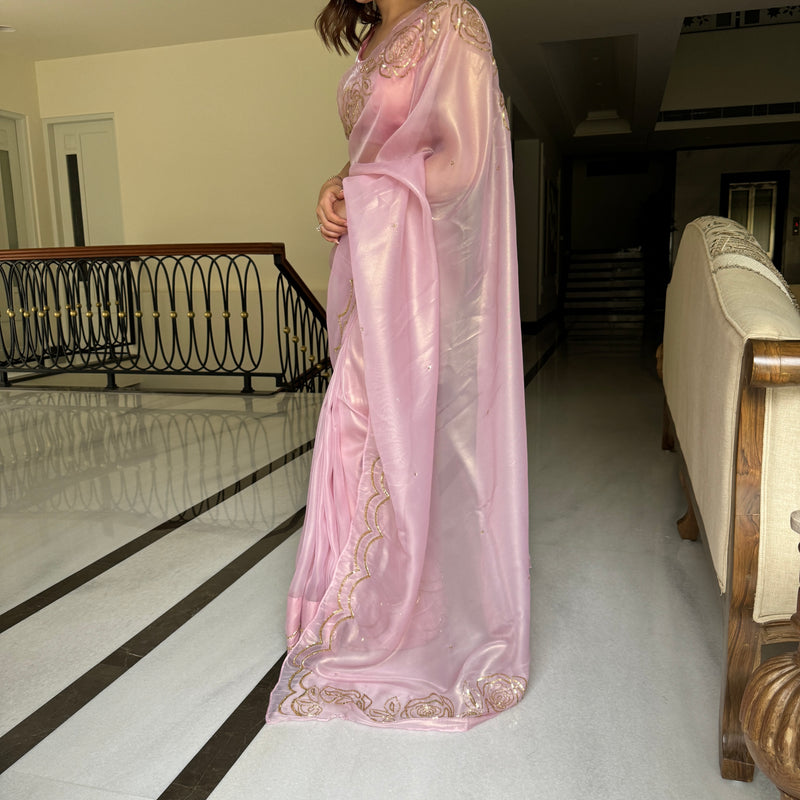 Rosy Pink Tissue Saree