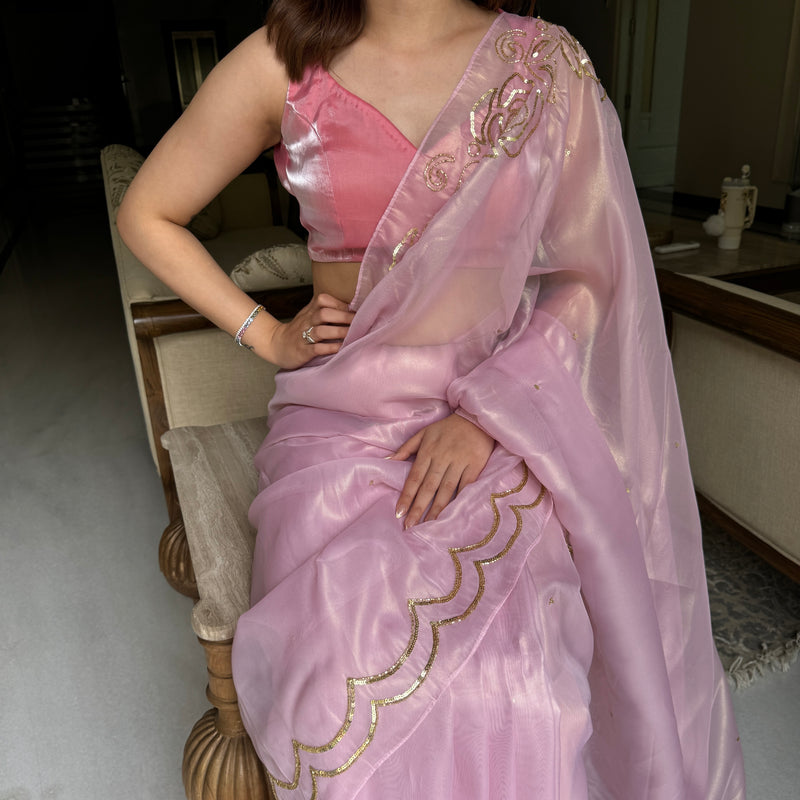 Rosy Pink Tissue Saree