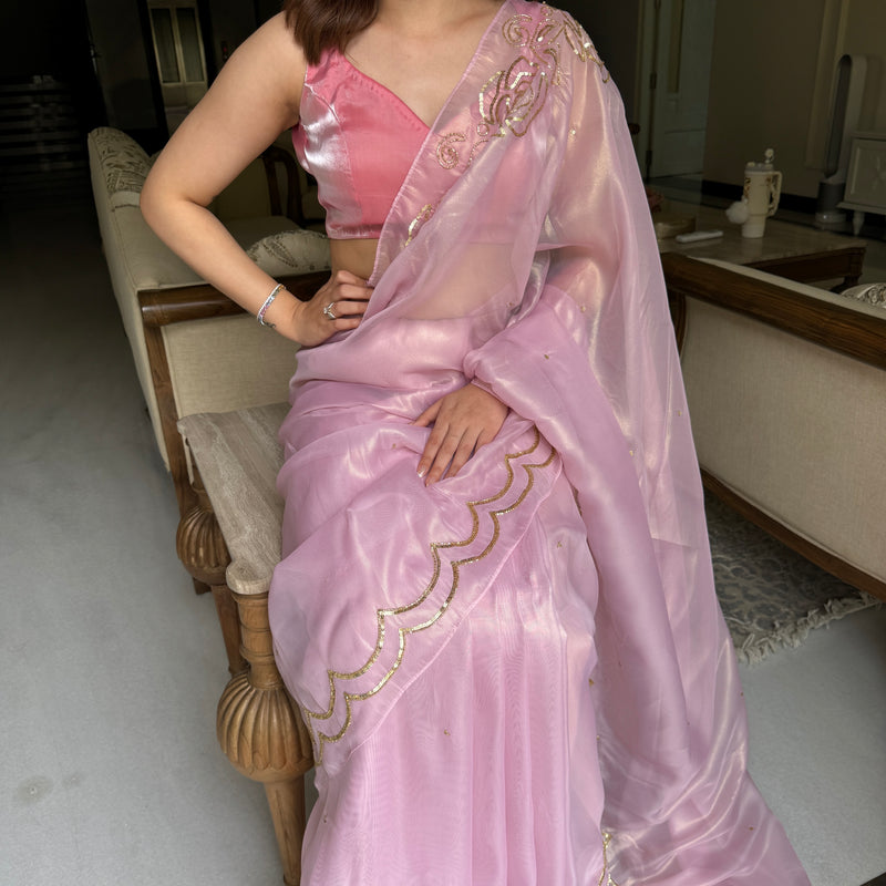 Rosy Pink Tissue Saree