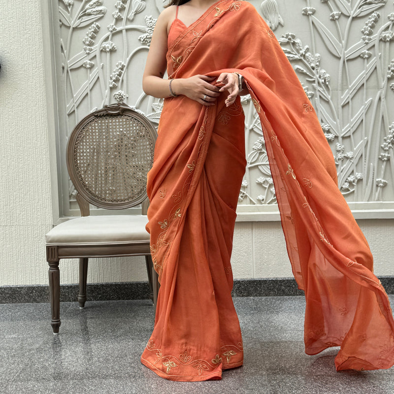 Bright Orange Tissue Saree