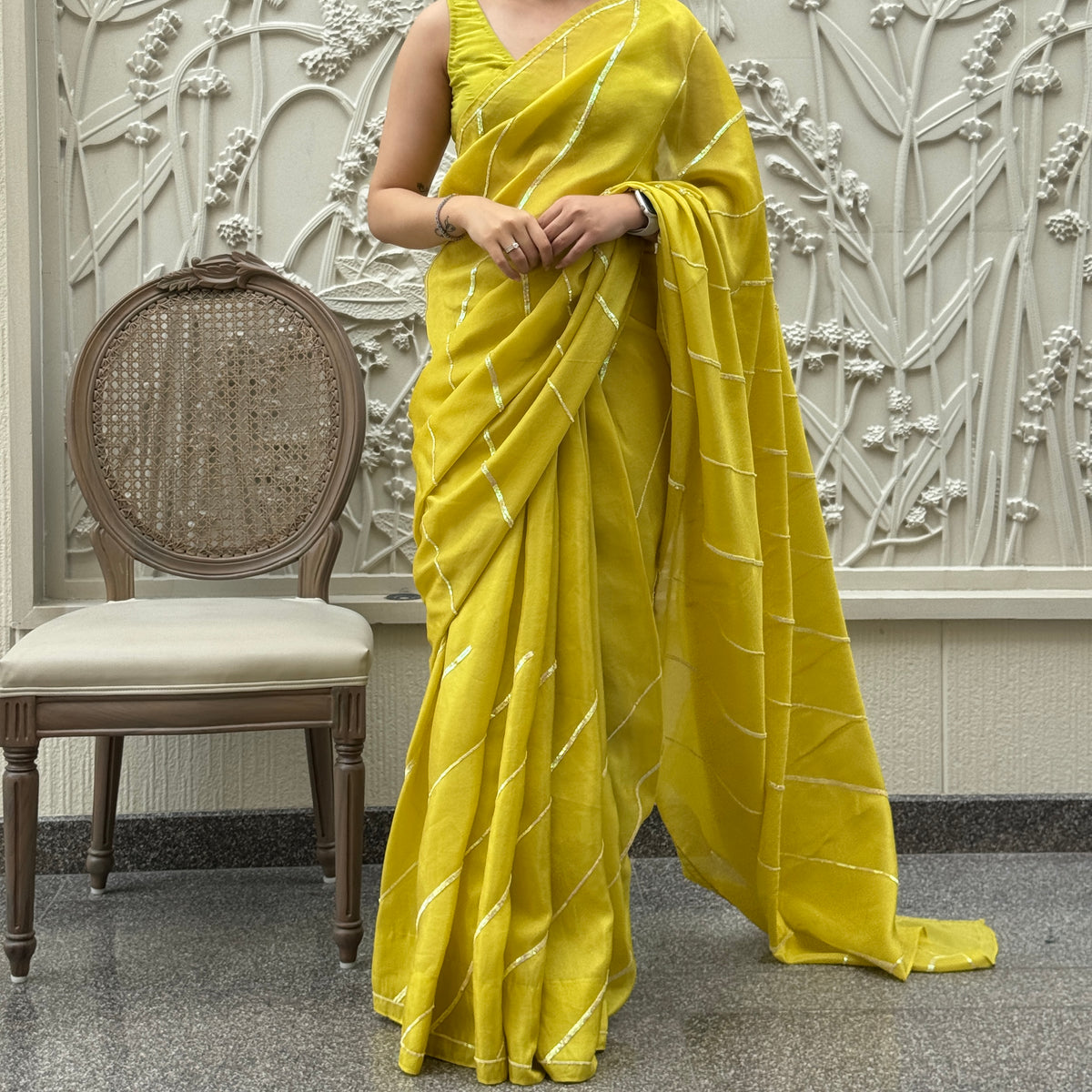 Lime Yellow Tissue Saree