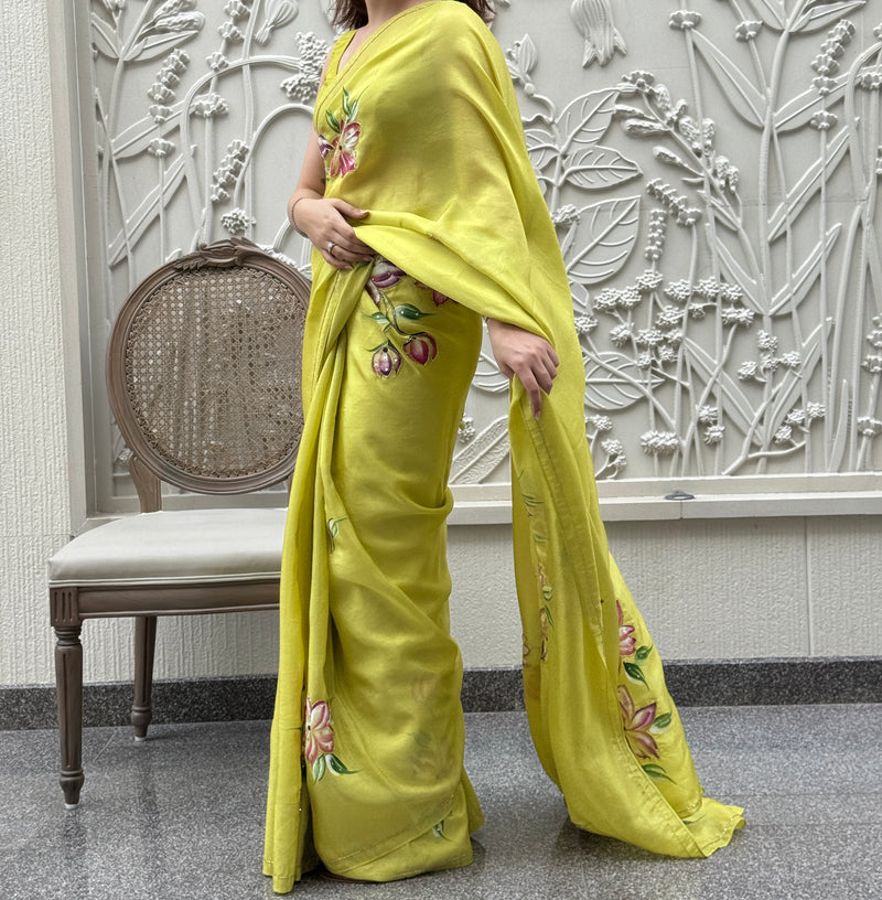 Lime Green Floral Handpainted Saree