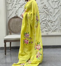 Lime Green Floral Handpainted Saree