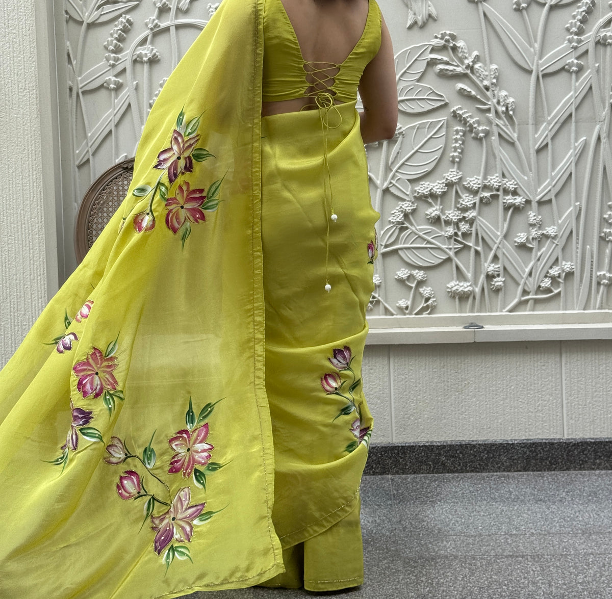 Lime Green Floral Handpainted Saree