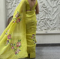 Lime Green Floral Handpainted Saree