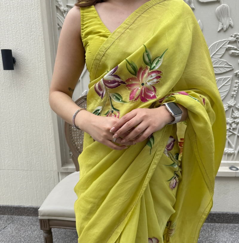 Lime Green Floral Handpainted Saree