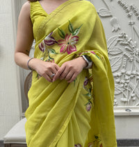 Lime Green Floral Handpainted Saree