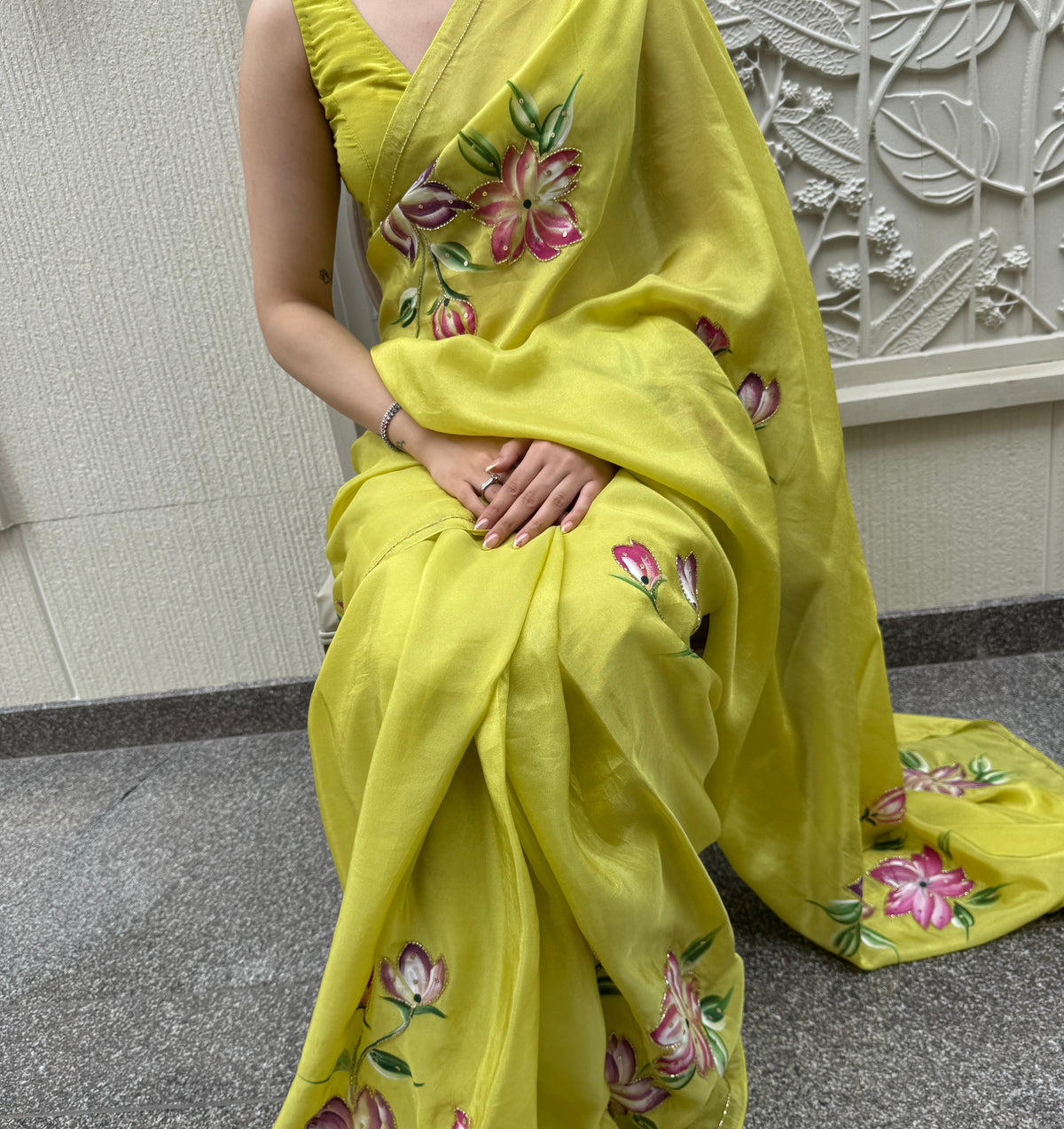 Lime Green Floral Handpainted Saree