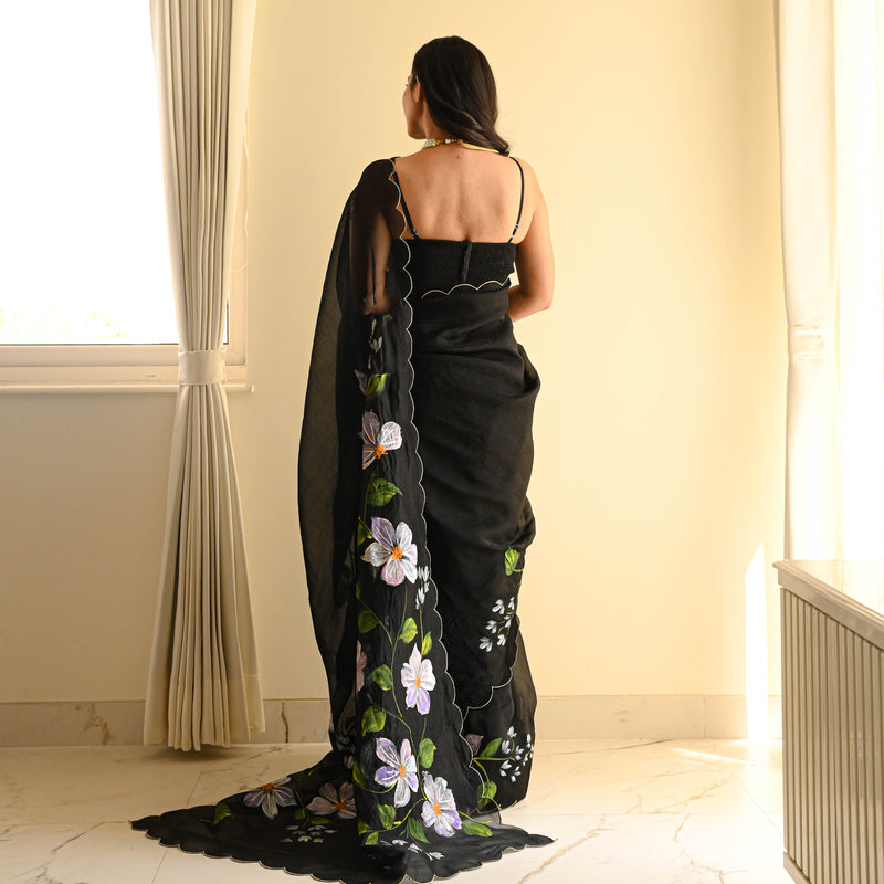 Black Silk Organza Handpainted Saree