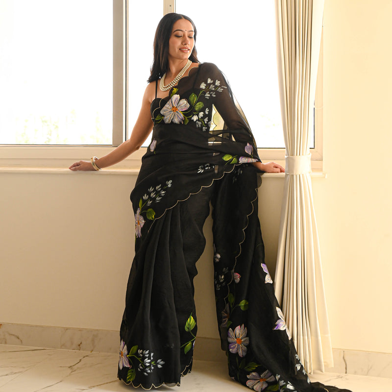 Black Silk Organza Handpainted Saree